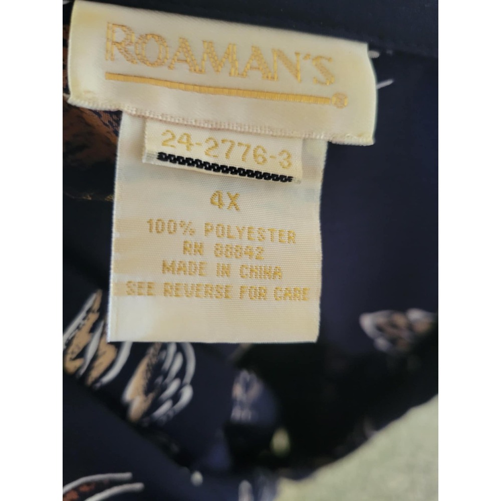 Roaman's 4X Button Down Shirt Navy Blue Leaf Print Short‎ Sleeve Blouse - Picture 4 of 4